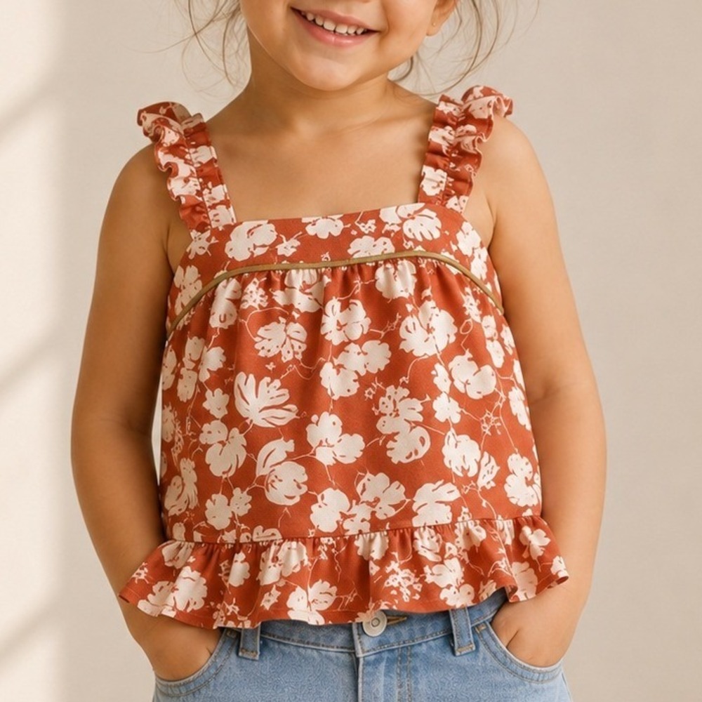 Janie and Jack Top Bow Shoulder Floral Top Ruffle Cotton Trip Autumn Fall 5 EUC